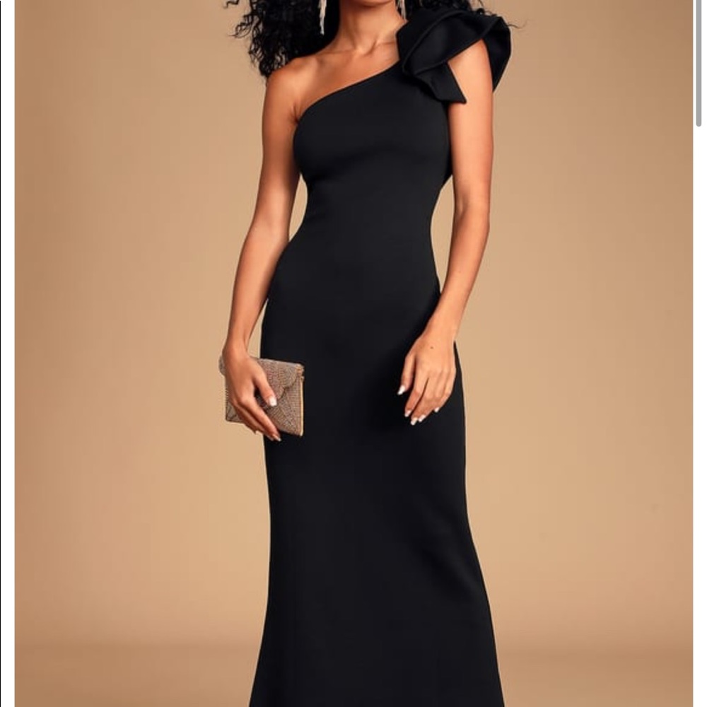 Lulus one shoulder ruffle detail black gown
